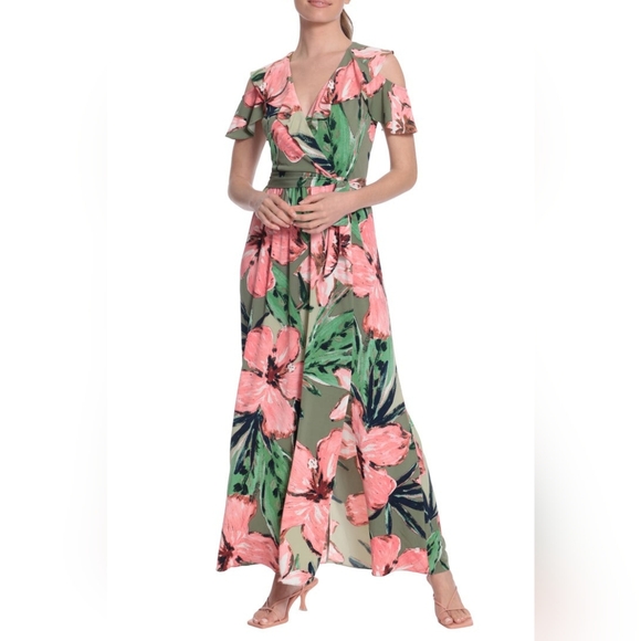 London Times Floral Print Ruffle Cold Shoulder Front Slit Maxi Dress - Picture 1 of 3